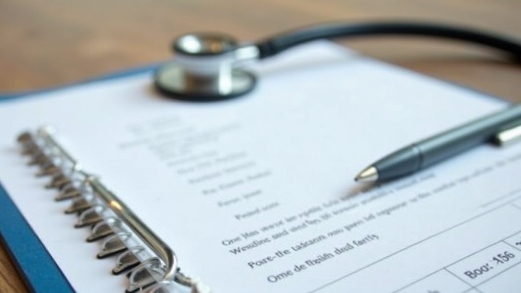 A close-up of a stethoscope, medical forms, and a pen arranged neatly on a wooden surface.